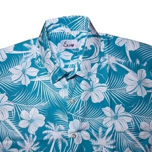 Euow Tropical Floral Shirt Mens Medium Teal Blue Short Sleeve Hawaiian Button Up